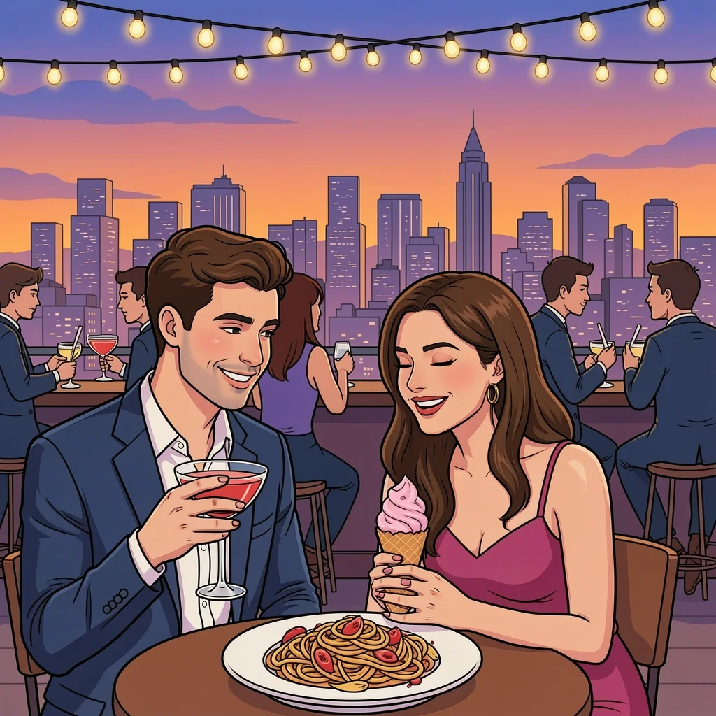 Little Italy Foodie Date Night Couple enjoying pasta and cocktails on a Little Italy rooftop at dusk, with skyline view