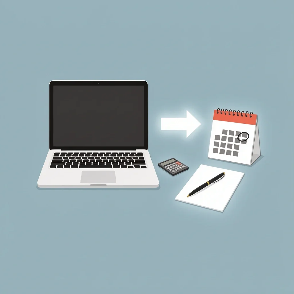 Organized desk with a laptop, calendar, calculator, and paperwork for preparing marriage counseling logistics