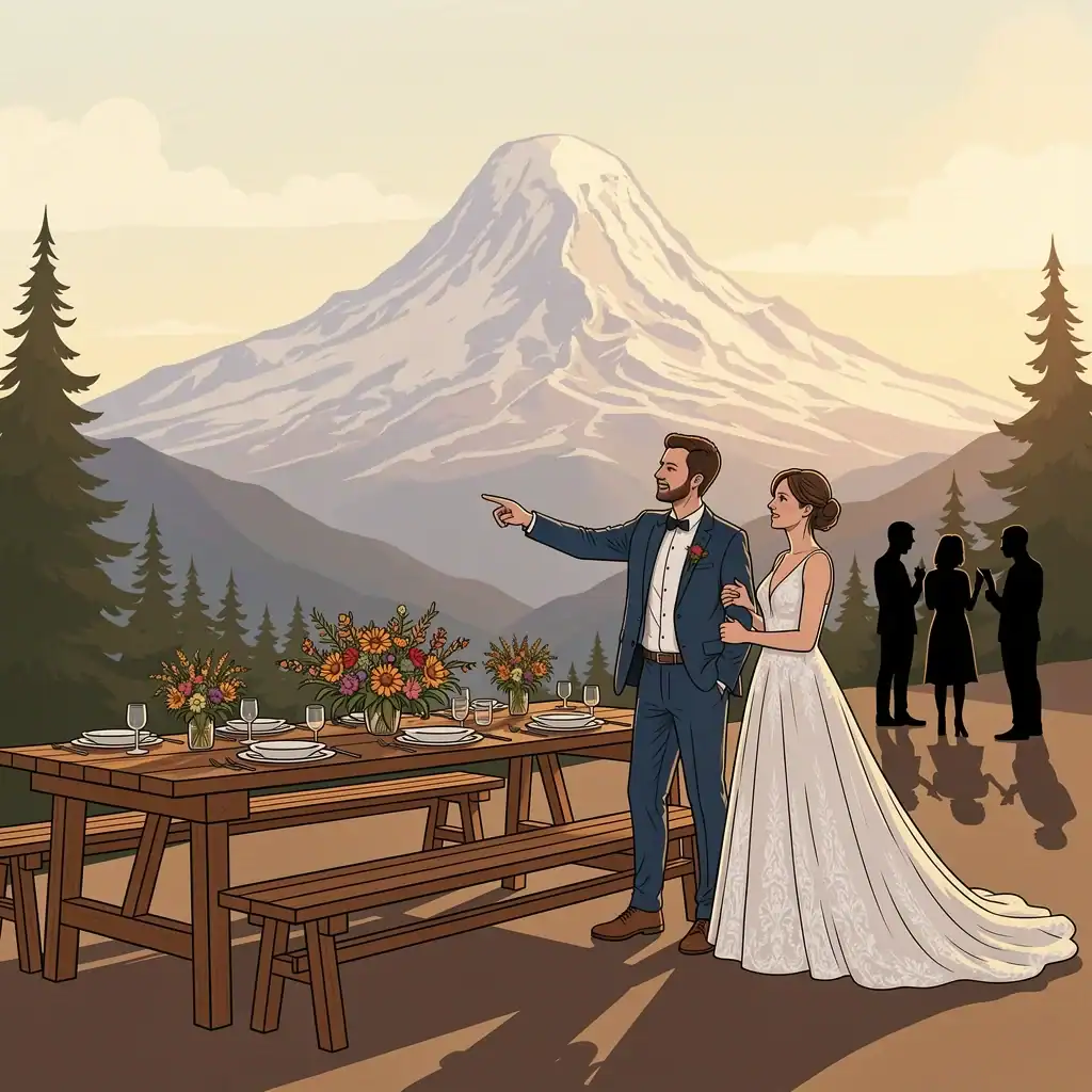 Case Study Mount Rainier Micro Wedding Illustration of a couple in wedding clothes on a trail with Mount Rainier behind, and a farm table with wildflowers in the foreground.