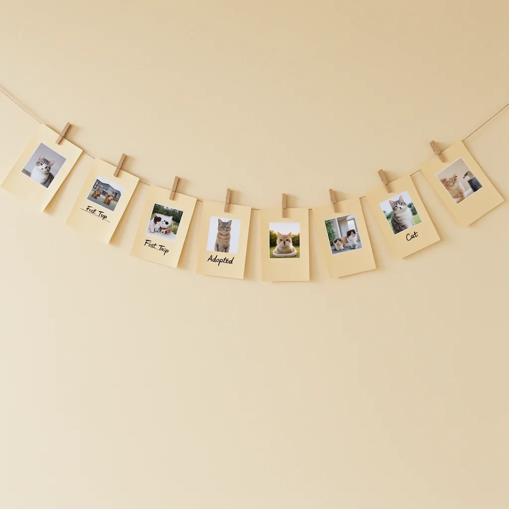 First Anniversary Love Timeline Banner A string banner with handwritten milestones and attached photos from the first year of marriage