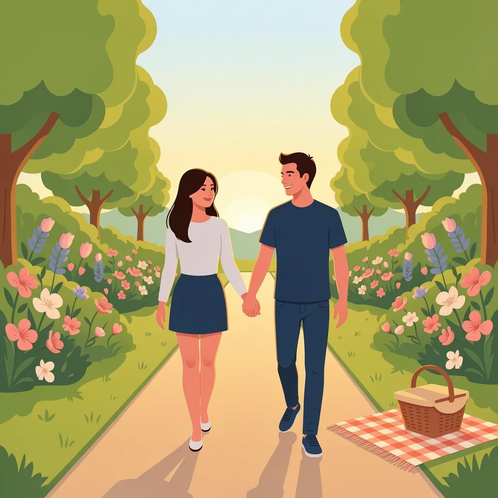 Denver Romantic Low-Key Date Illustration A couple strolling through a botanical garden at golden hour with a picnic blanket nearby