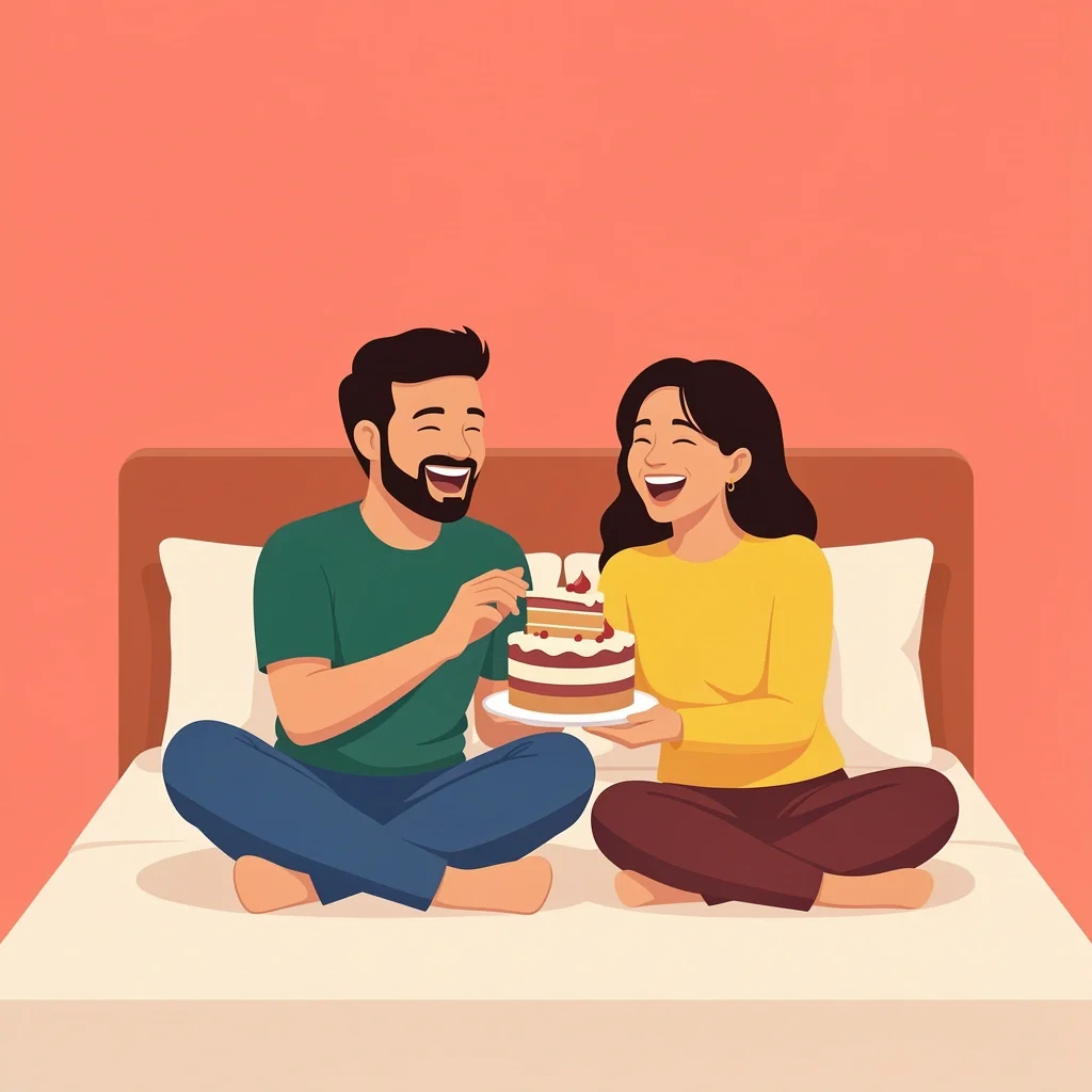 Wedding Night Without Pressure Couple laughing and eating cake on bed, representing low-pressure wedding night