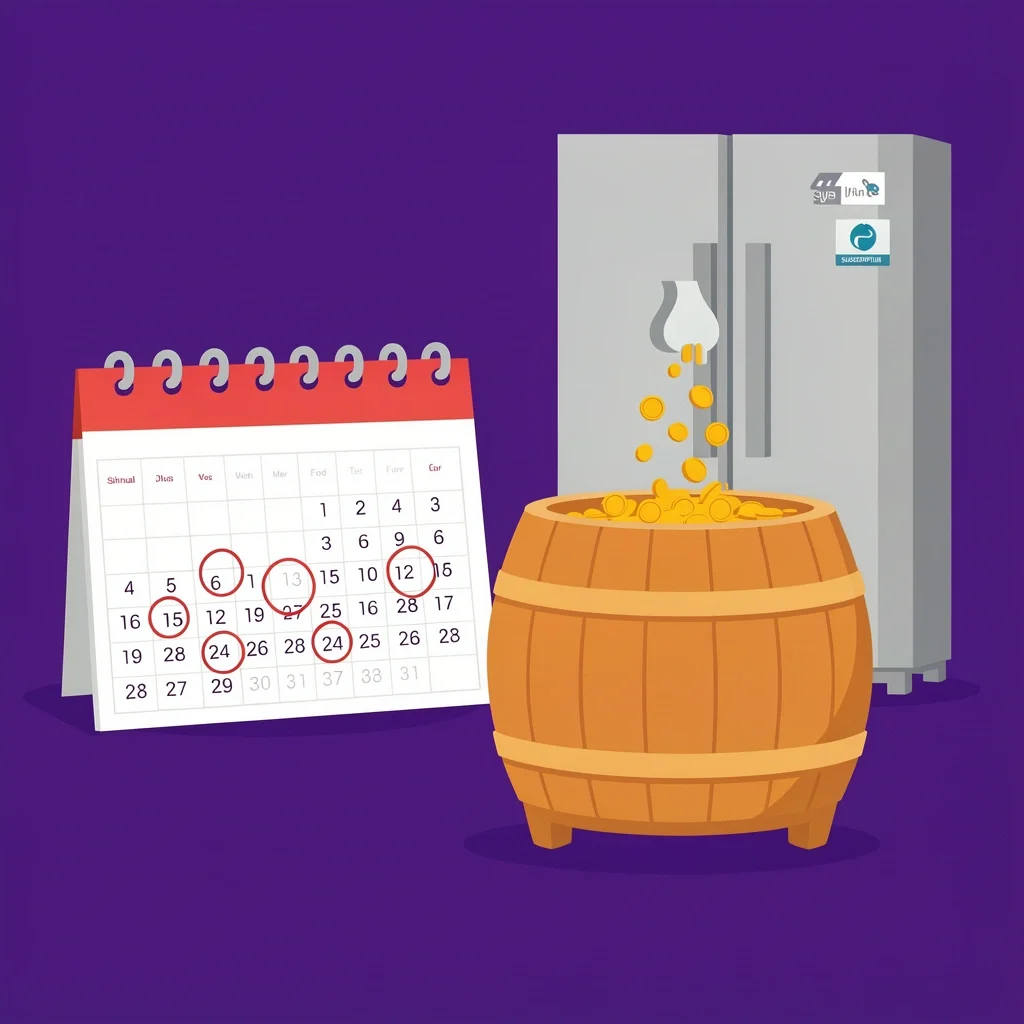 Calendar with annual dates, a sinking fund barrel receiving monthly coins, and icons for refrigerator and subscription box