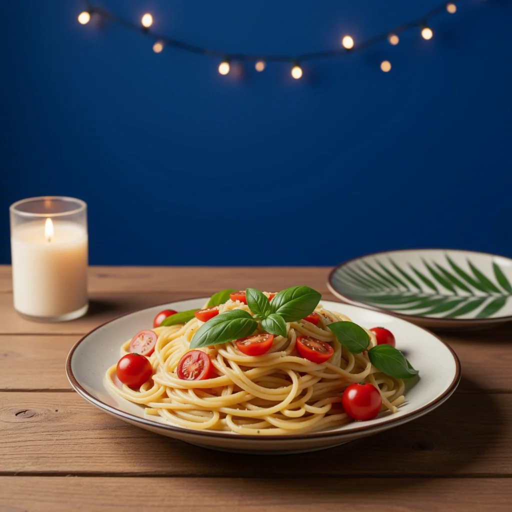 Elegant pasta presentation on a wooden table with candlelight and string lights, showing how to make budget food look luxurious.