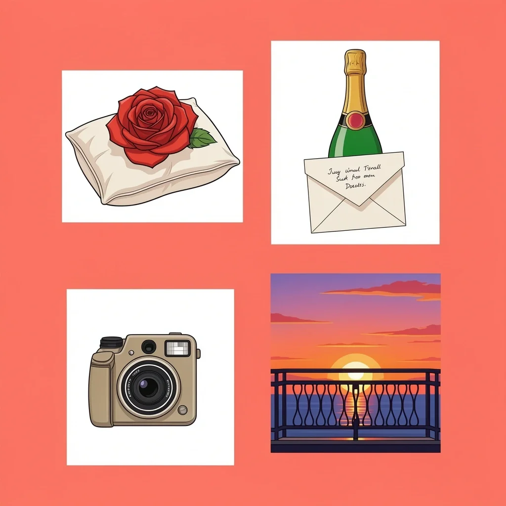 Luxury Touches on a Budget Grid of small luxury items like rose champagne envelope camera sunset balcony