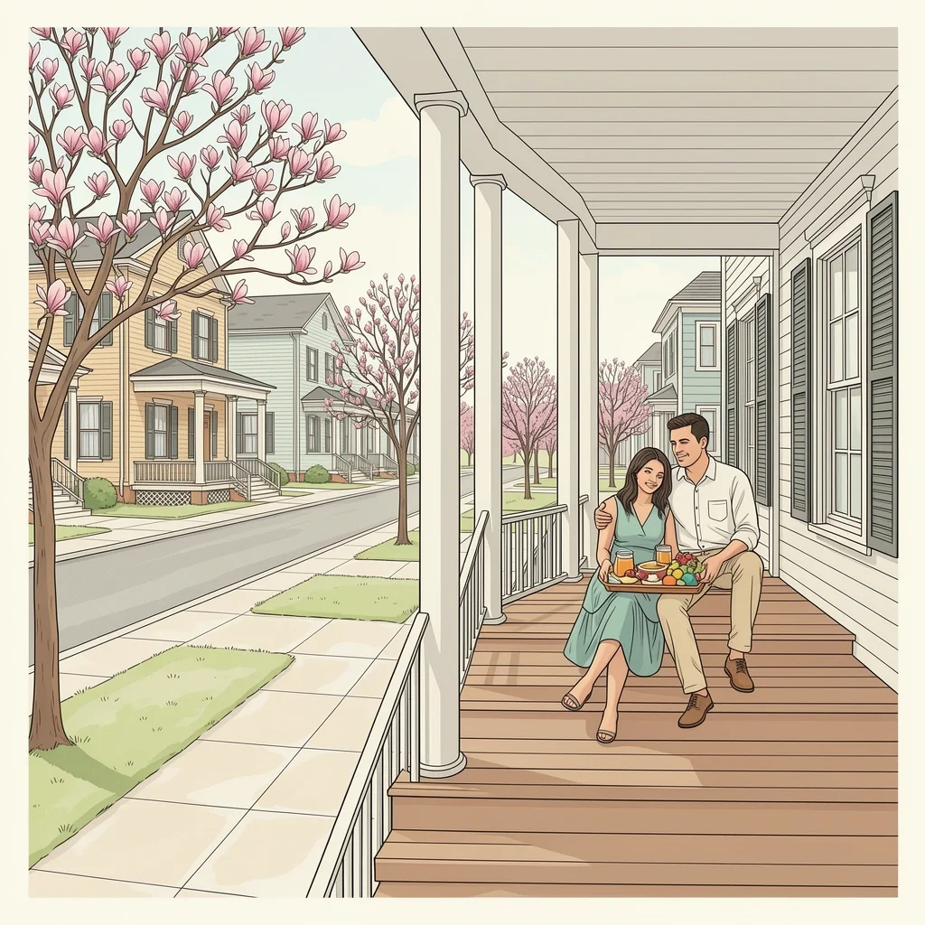 Couple sitting on historic porch in Madison Georgia with magnolia trees and breakfast