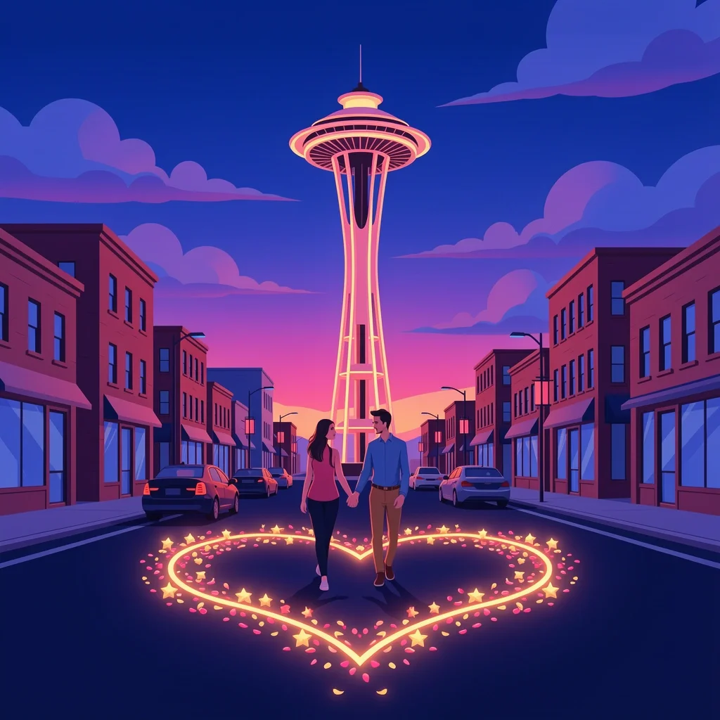 A couple walking hand-in-hand past a glowing Space Needle during a romantic Seattle evening