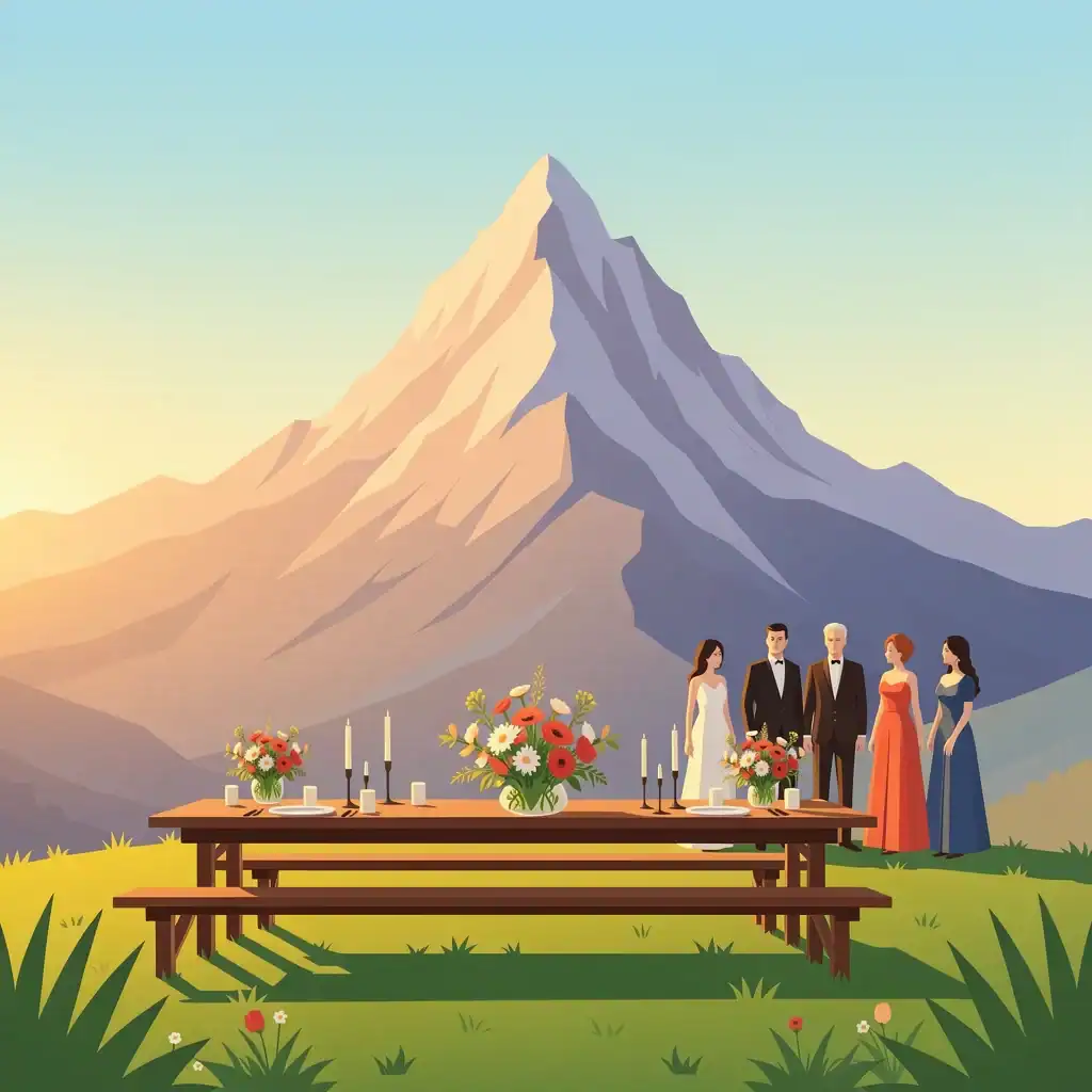 Small group of guests at a micro wedding with mountain backdrop and farm table centerpiece