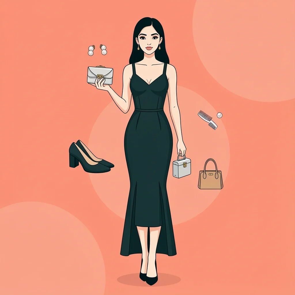Maid of honor with clutch and emergency kit, surrounded by symbolic style and utility accessories