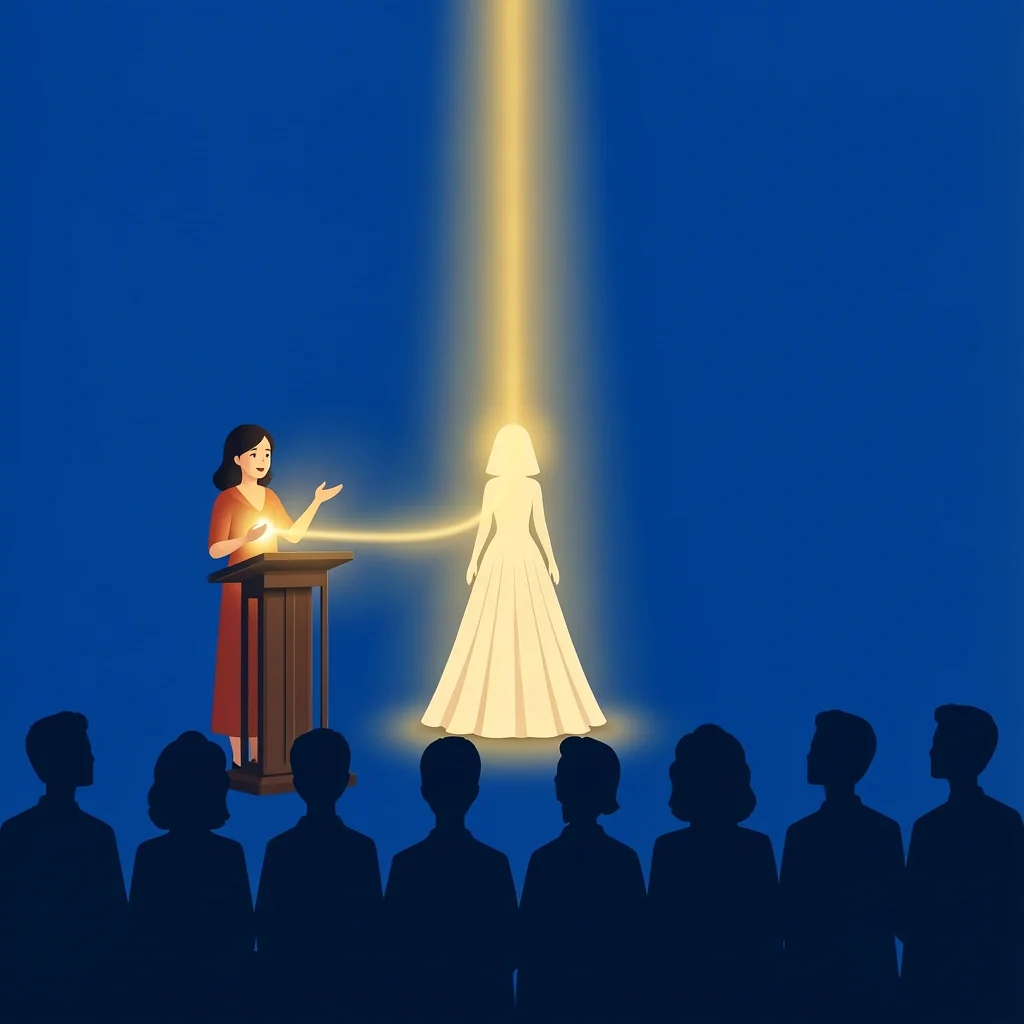 Maid of honor giving a heartfelt speech with light from heart reaching bride symbolizing blessing