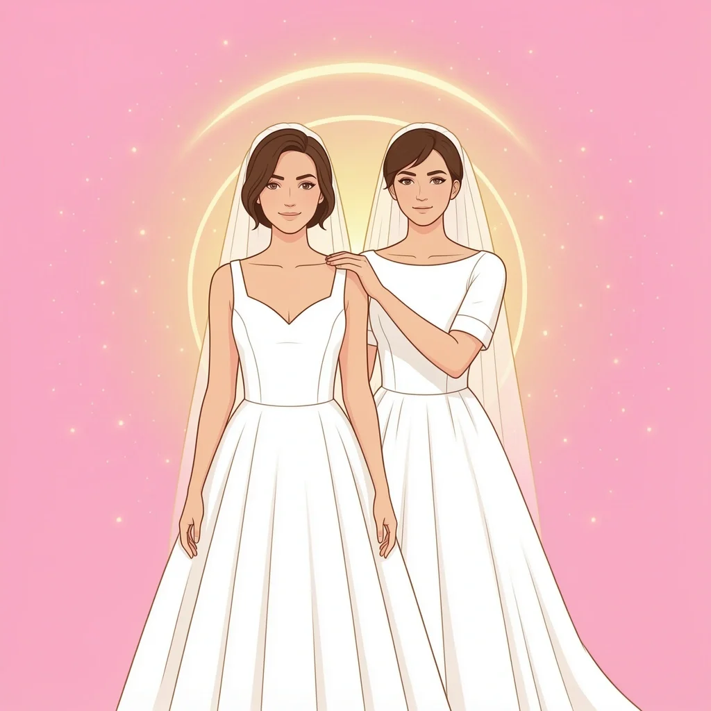 Maid of honor stands behind bride with hand on shoulder in spiritual support