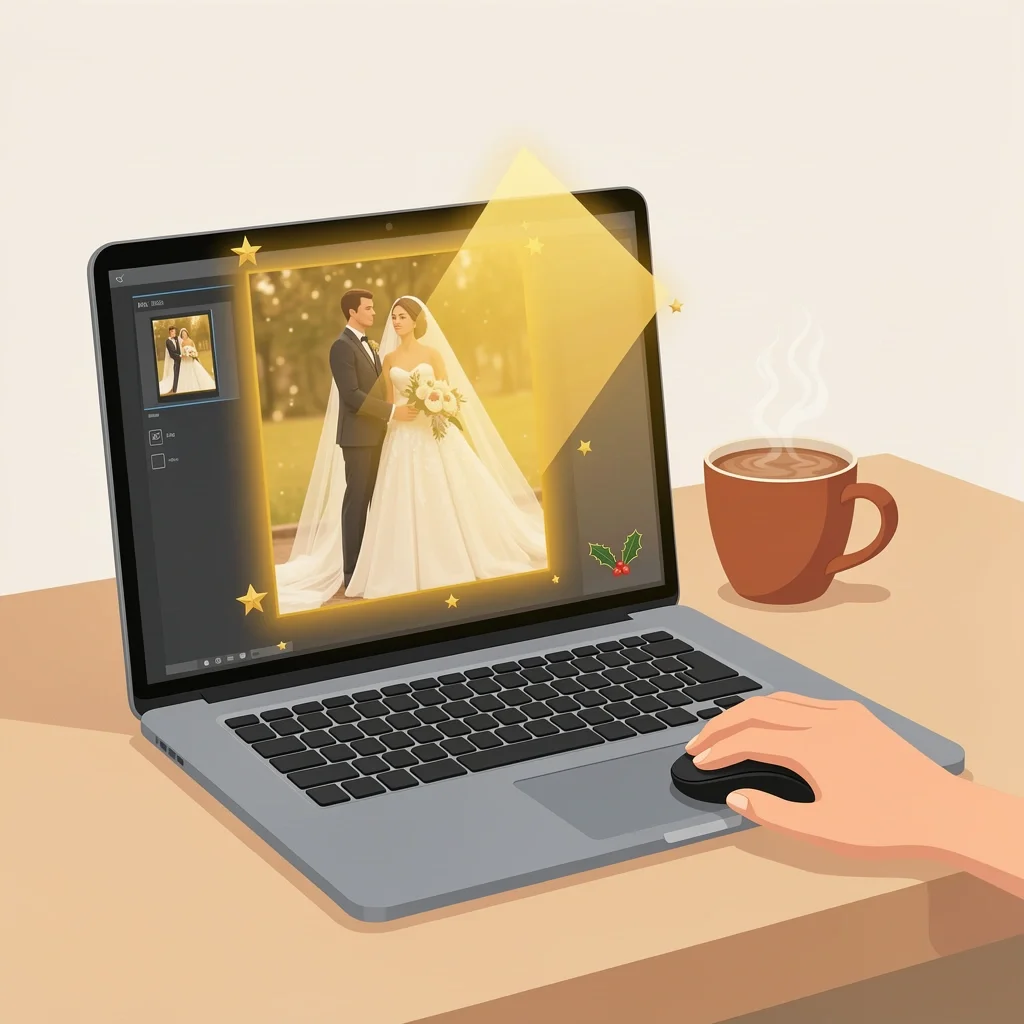 Editing Wedding Photo for Christmas Theme Editing a wedding photo on a laptop with a warm filter and holiday icons for Christmas card