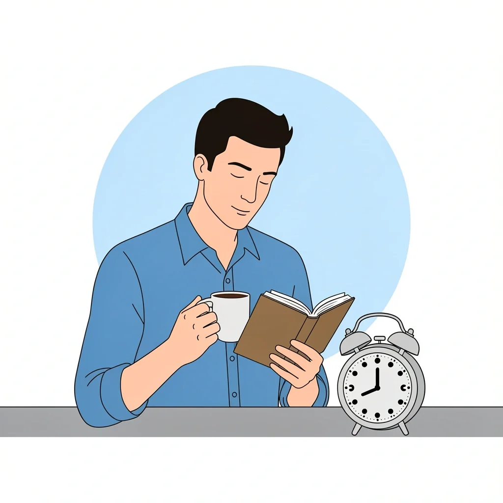 Man at a desk with a coffee mug and open book, with a 10-minute alarm clock symbolizing a short daily devotional habit