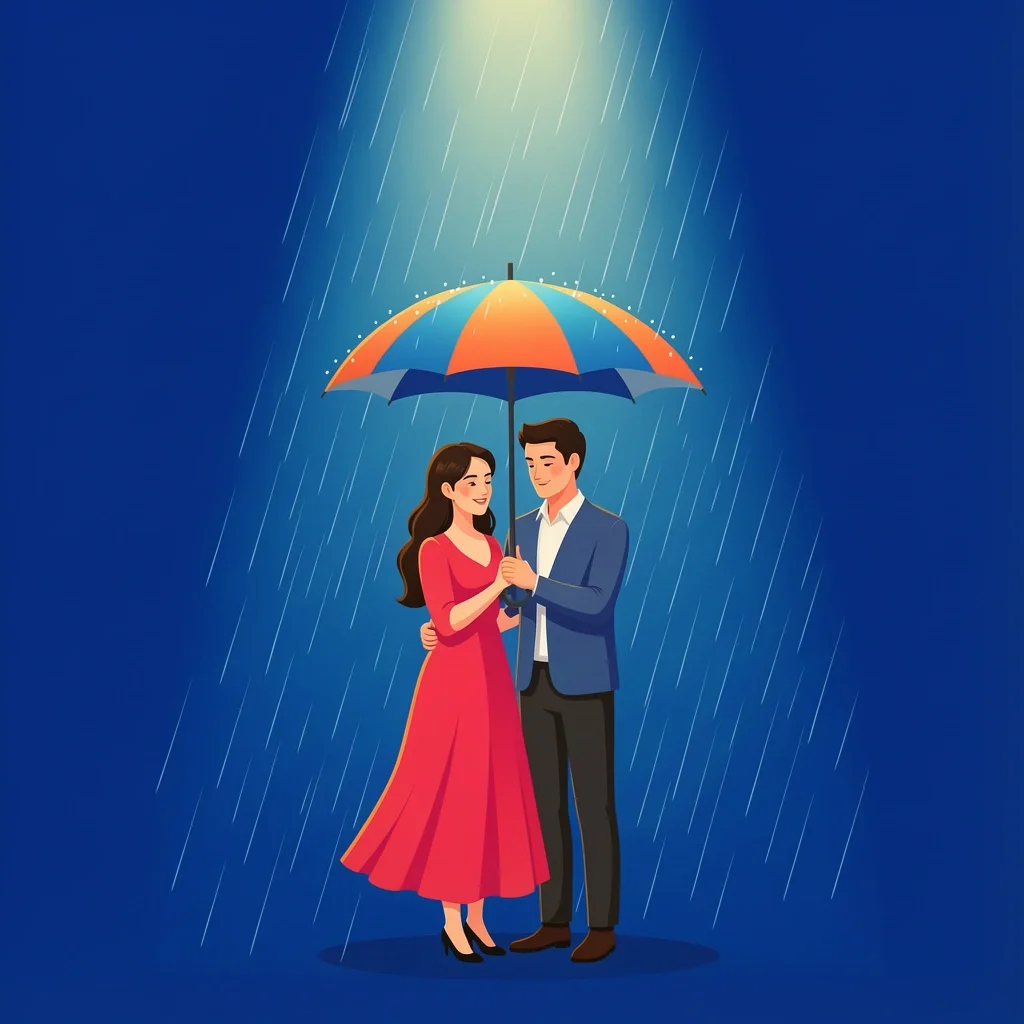 Faith in Marriage Crisis Couple embracing under umbrella in storm with light above, representing faith in crisis