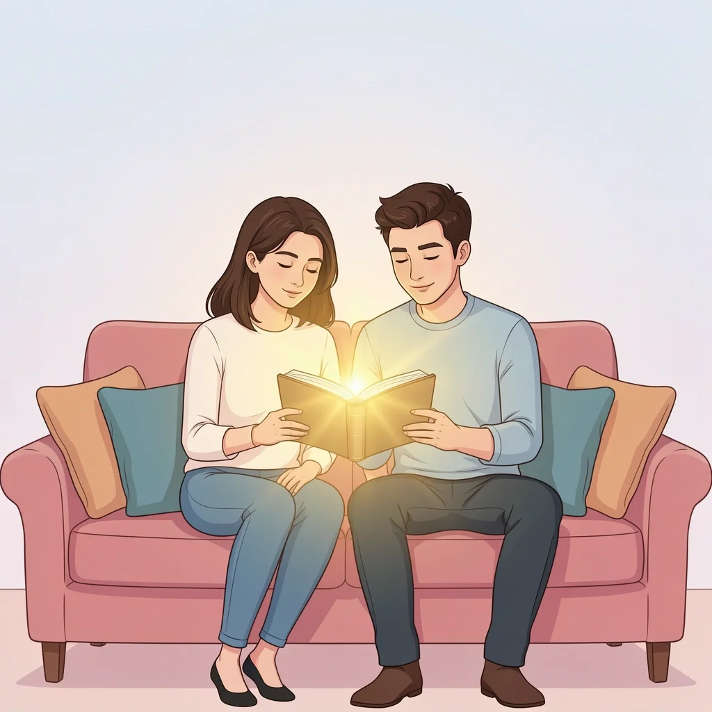 Couple reading a marriage devotional together with spiritual light
