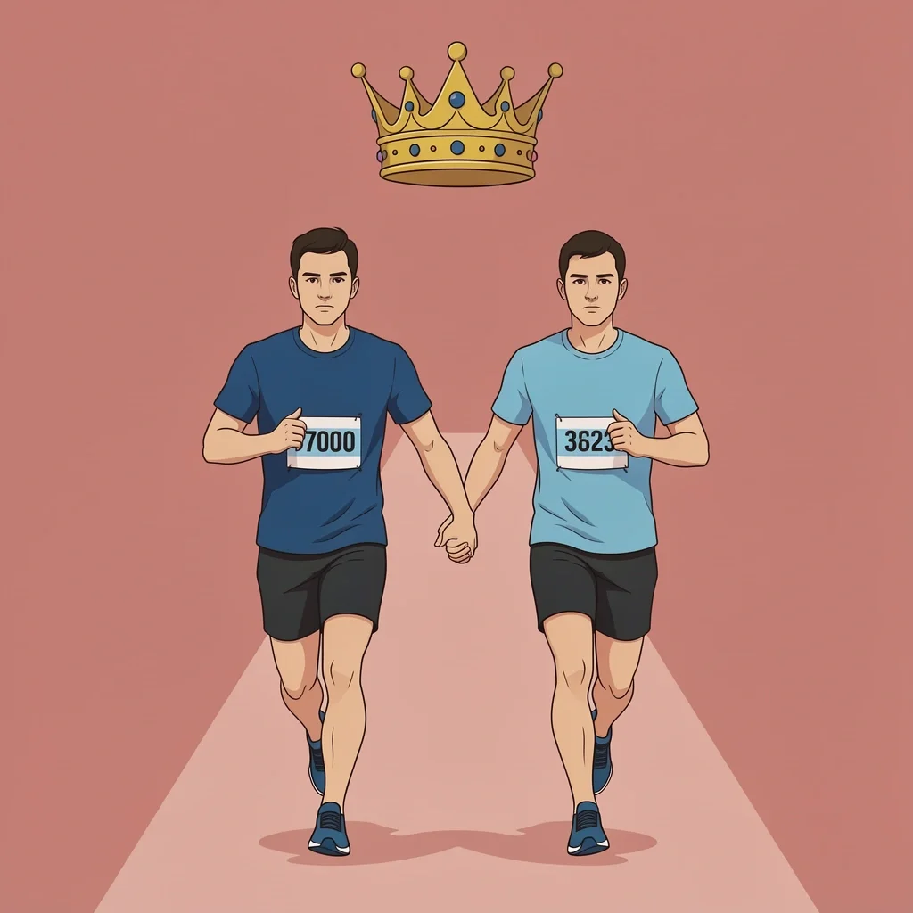 A couple running a marathon together holding hands, looking forward
