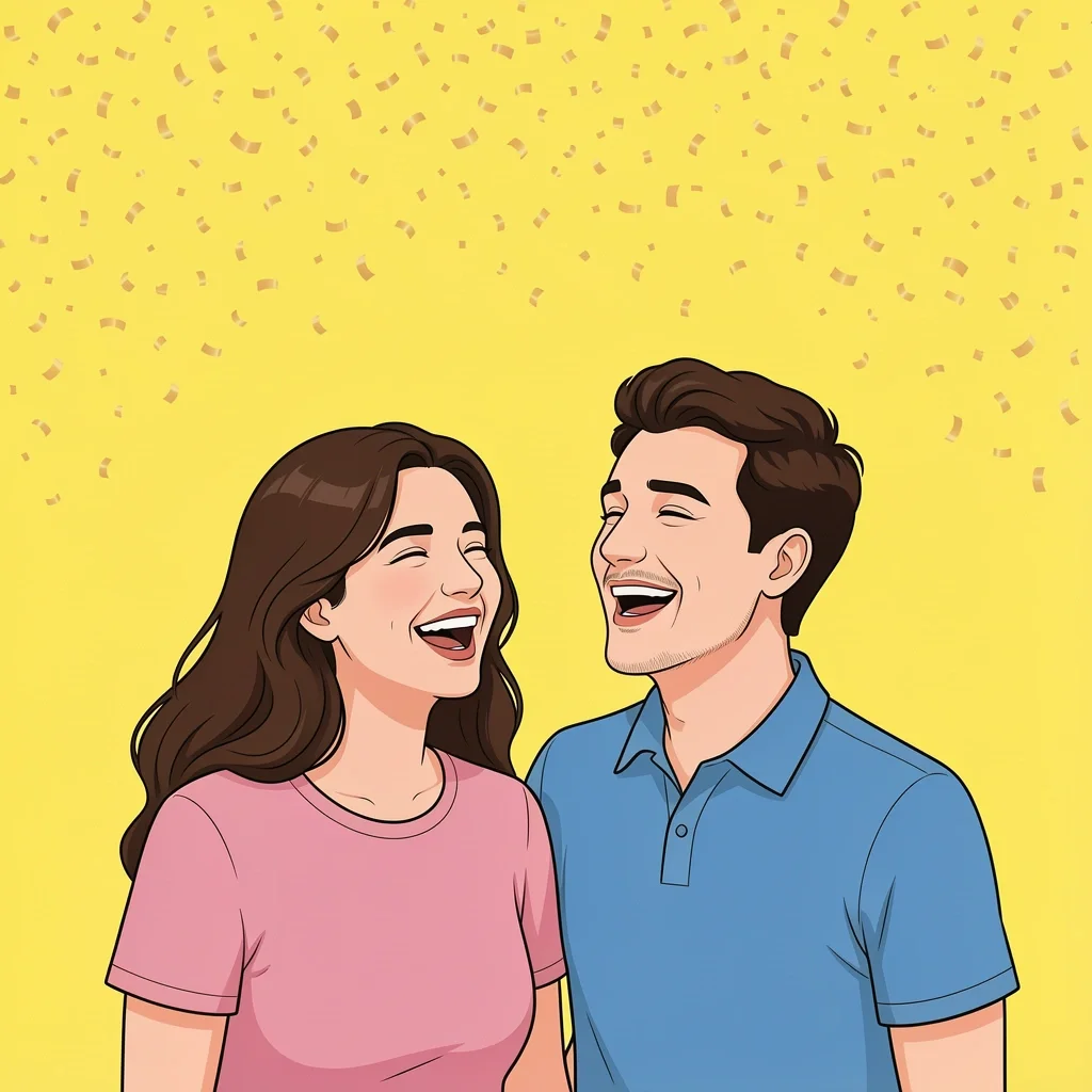 A couple laughing together under golden sparkles and confetti