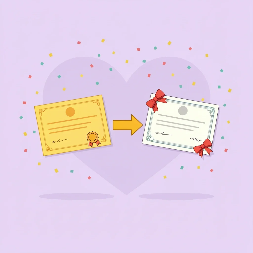 Couple holding marriage license and certificate with confetti background
