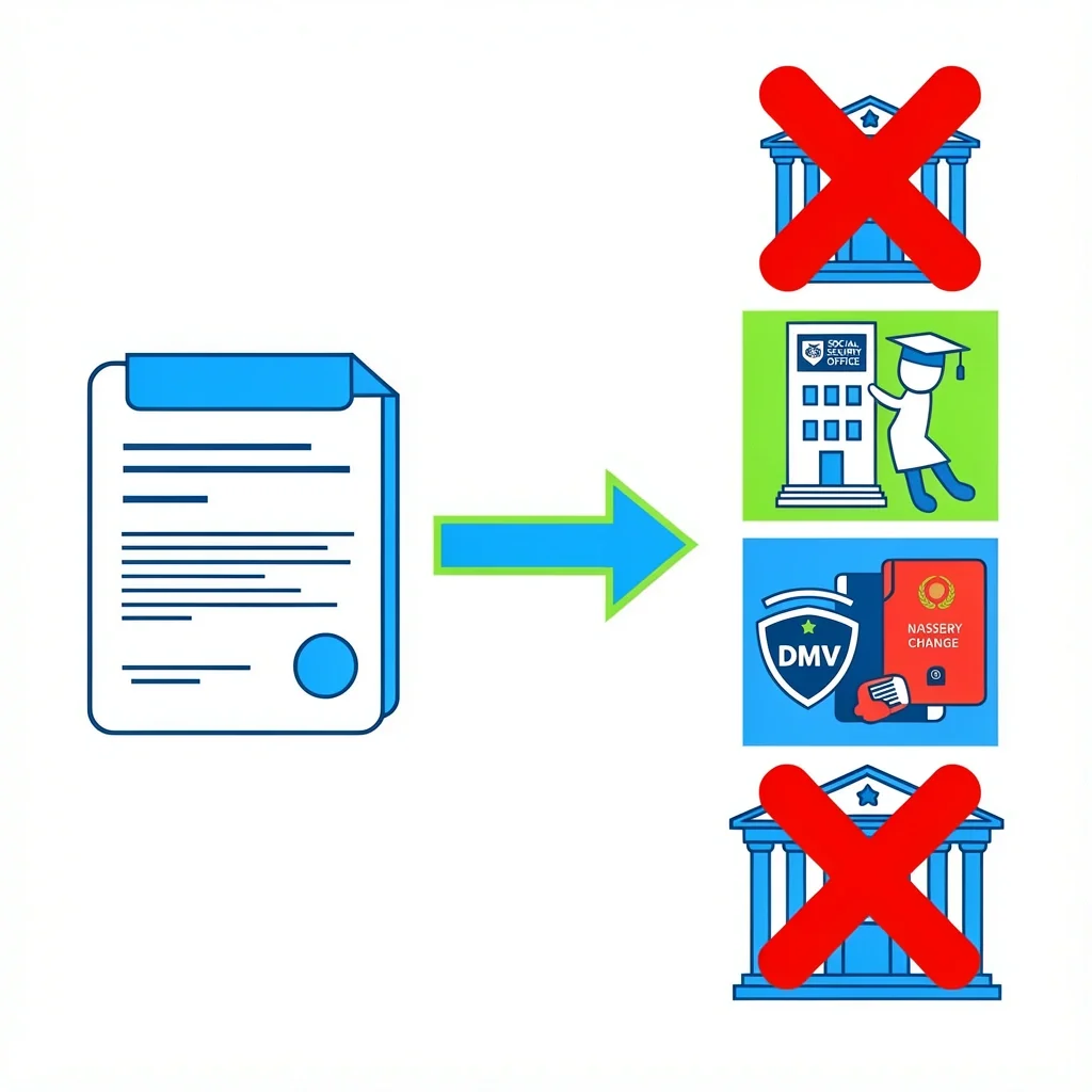 Flowchart showing that marriage certificate leads to Social Security, DMV, passport, and bank for name change, not courthouse