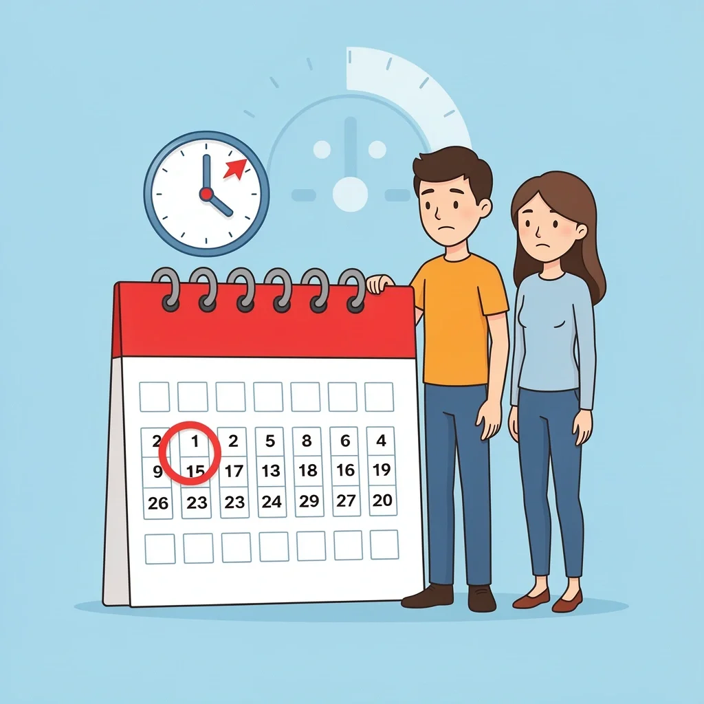 Couple looking at calendar with waiting period icon indicating days between application and validity