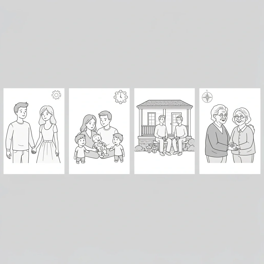 A timeline showing four marriage stages from early marriage to long-term marriage, each with a symbol representing changing boundary needs.