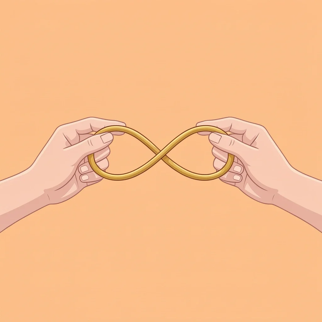Two hands holding a golden cord shaped like an infinity symbol