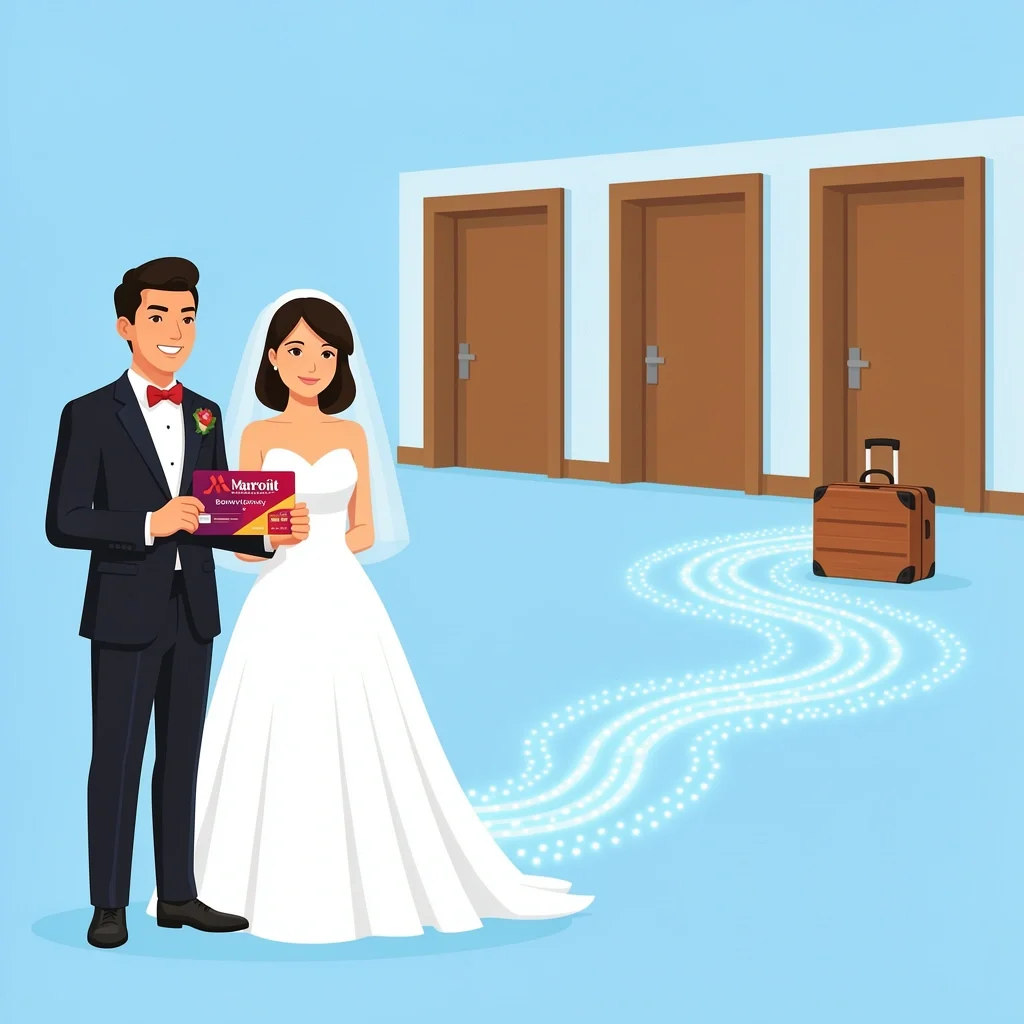 Couple using Marriott points for wedding hotel rooms and honeymoon, 2D illustration