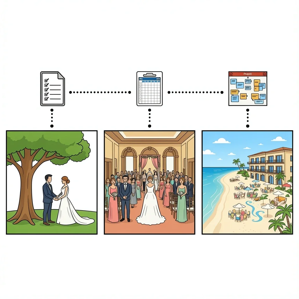 Matching Template to Wedding Size and Style Three wedding scenes side by side: small intimate, medium traditional, large destination with corresponding template icons above each