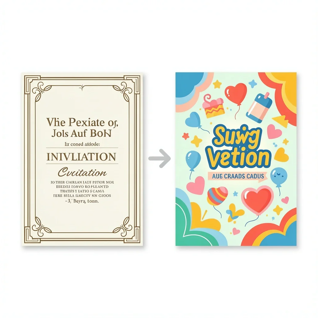 Two invitation cards side by side, one formal and one casual, with an arrow between them