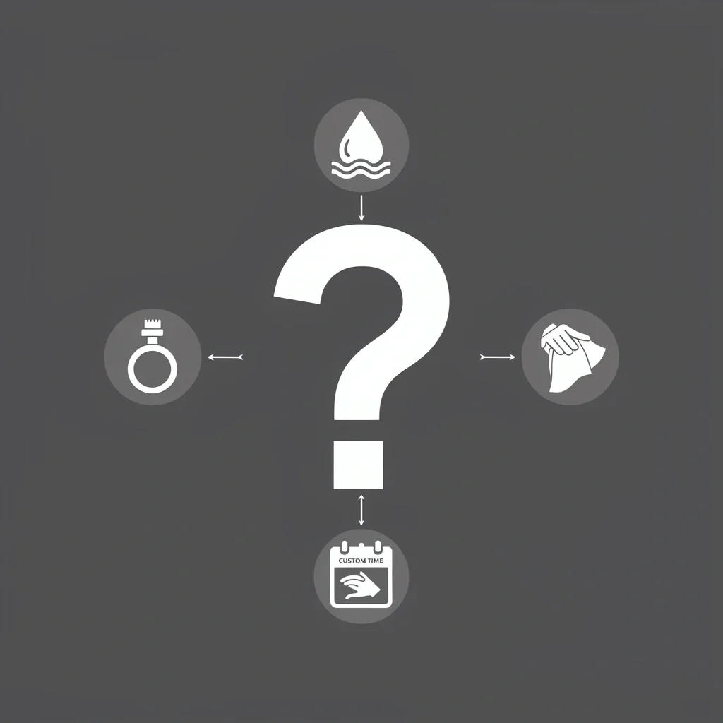Wedding Ring FAQs A central question mark with surrounding icons for swimming, stuck ring, cleaning, finger choice, and custom timeline.