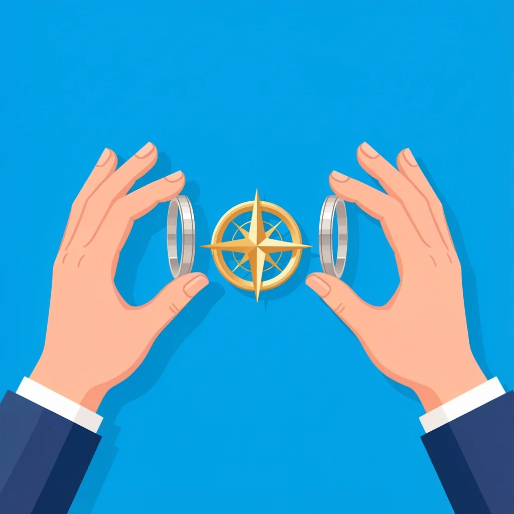 Hands holding tungsten and platinum men's wedding rings on a blue background with a compass symbol.