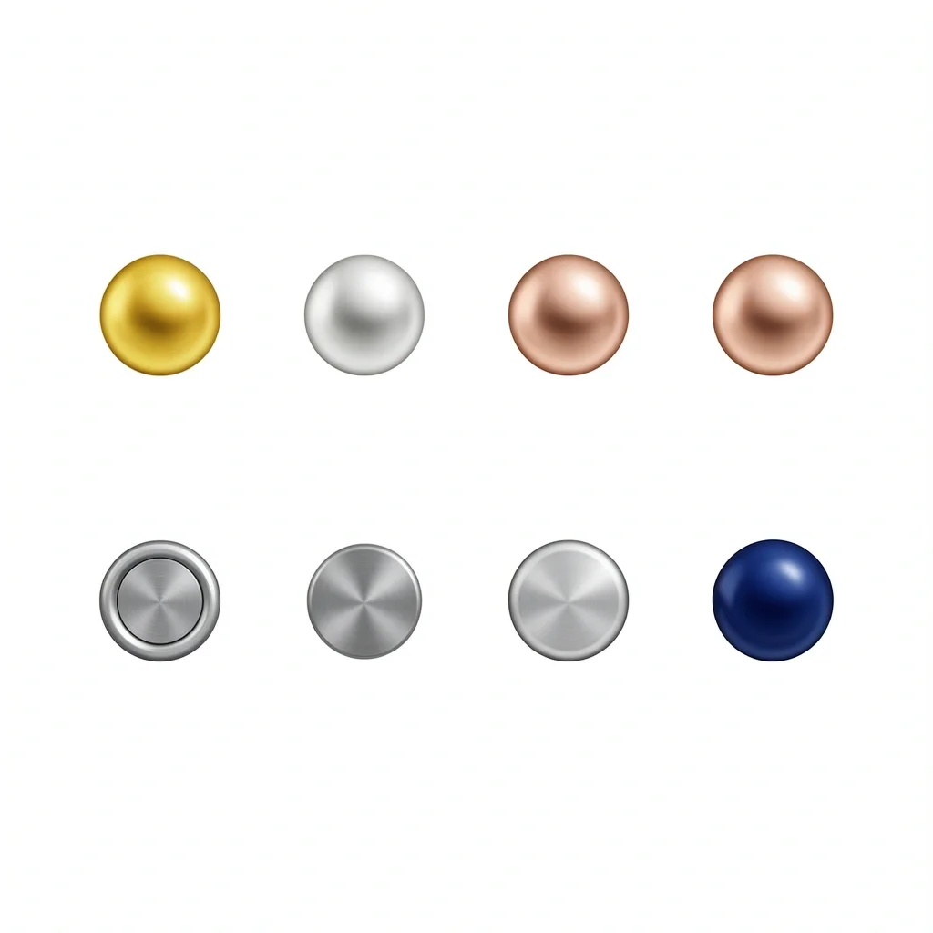 Men's Ring Material Samples Six circular material samples including gold, platinum, tungsten, and titanium for men's wedding rings.