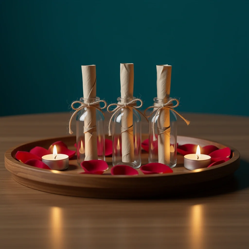 Romantic Message Bottle Centerpiece Glass bottles with rolled paper notes on a tray with rose petals and LED candles