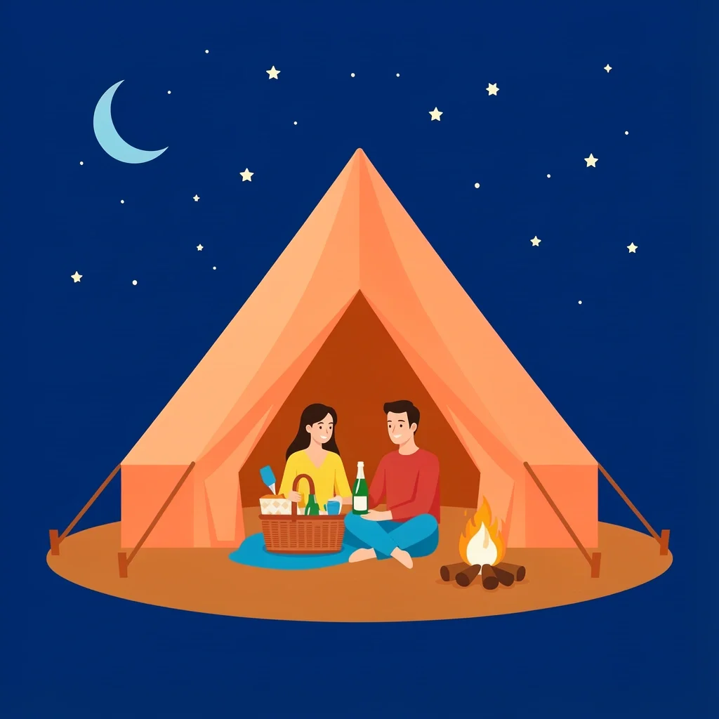 Micro Romance Glamping Couple glamping in a tent under stars with picnic basket and champagne