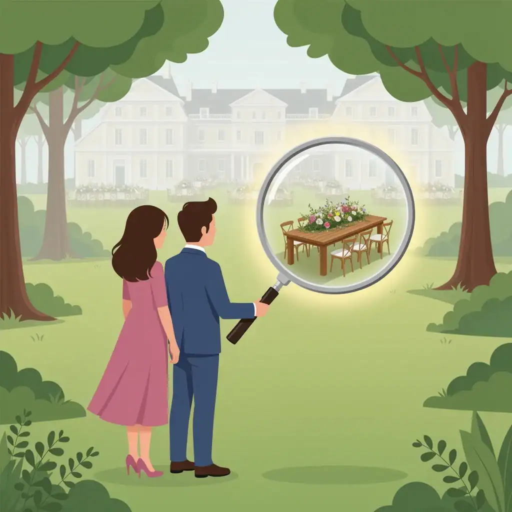 Magnifying Micro Wedding Magnificence Couple holding a magnifying glass over a tiny, beautiful micro wedding scene, symbolizing intentional constraint and concentrated magnificence.