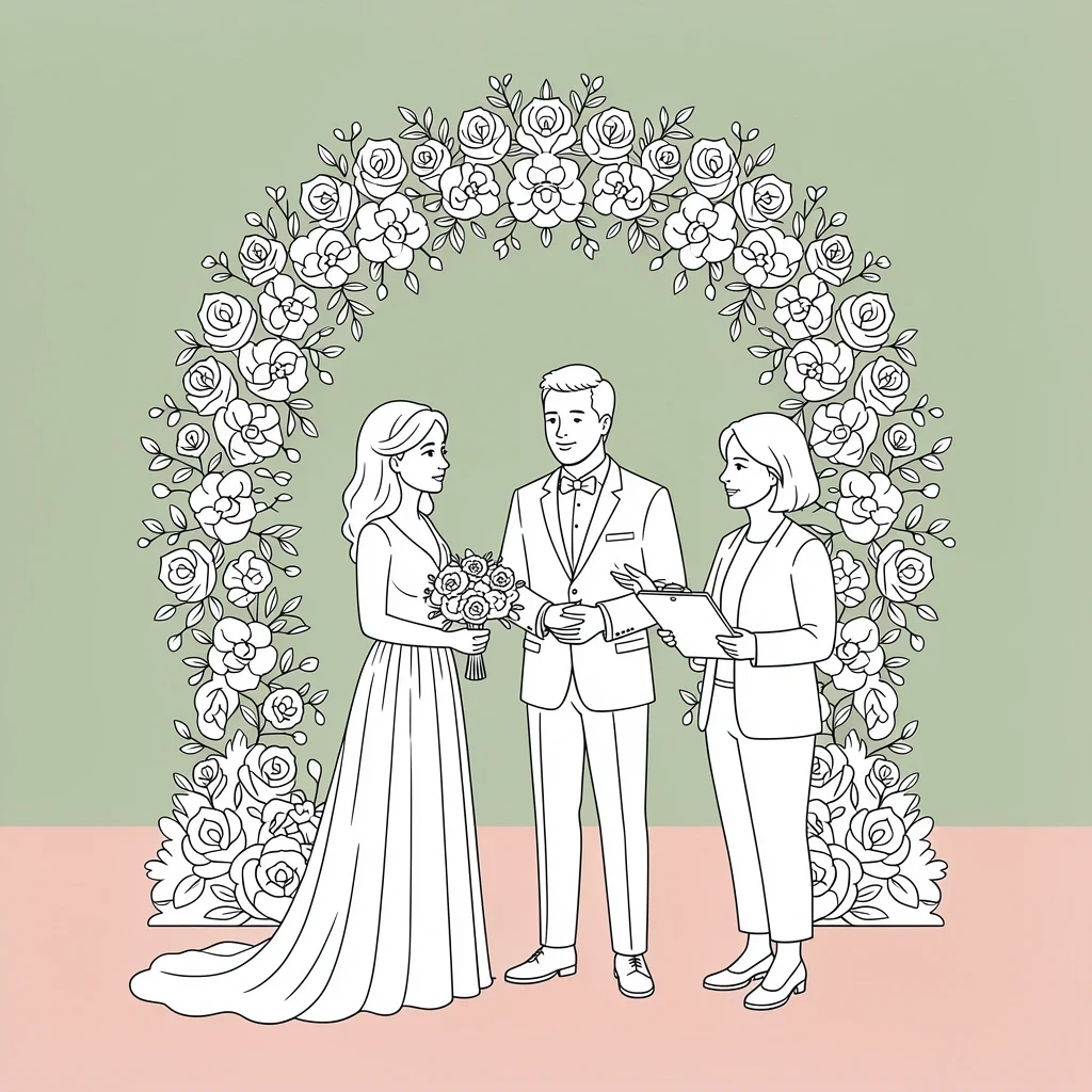 A small micro-wedding ceremony with a couple, officiant, and wedding planner, representing the strategy to get a first client via small events.