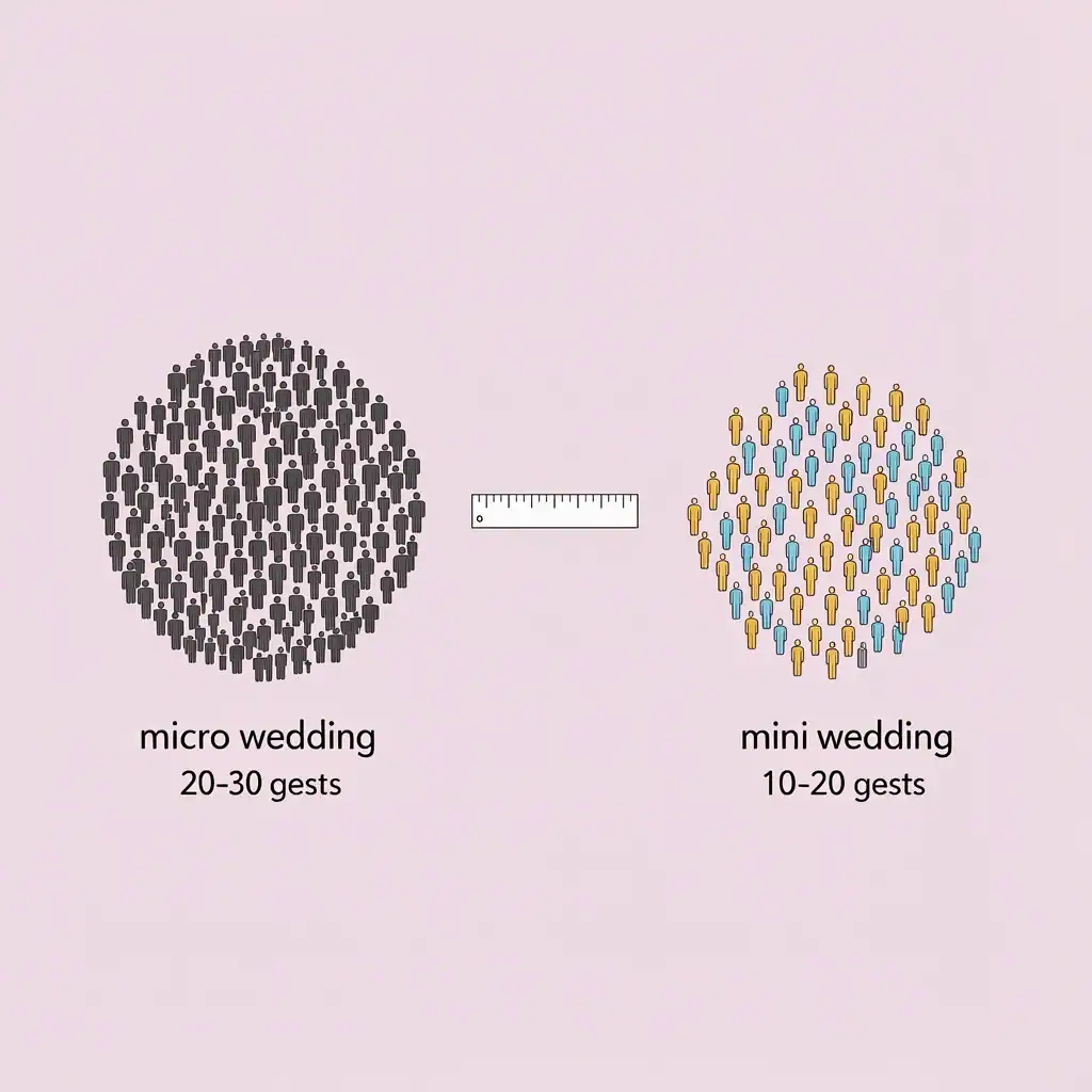 Micro vs Mini Wedding Guest Count Vector illustration comparing two groups of people: a larger cluster for micro wedding (20-30 guests) and a smaller cluster for mini wedding (10-20 guests), with a ruler showing size difference.