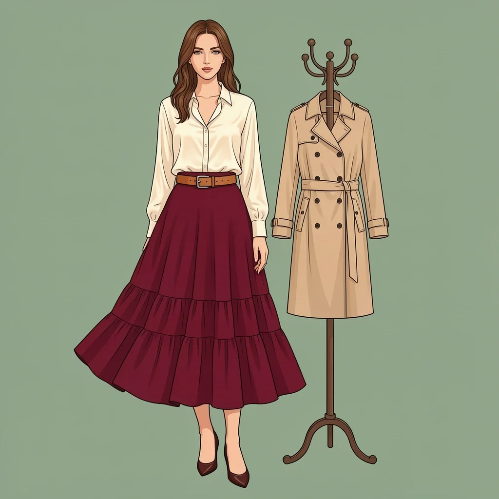 Burgundy midi skirt and cream silk blouse with trench coat for semi-formal courthouse wedding guest