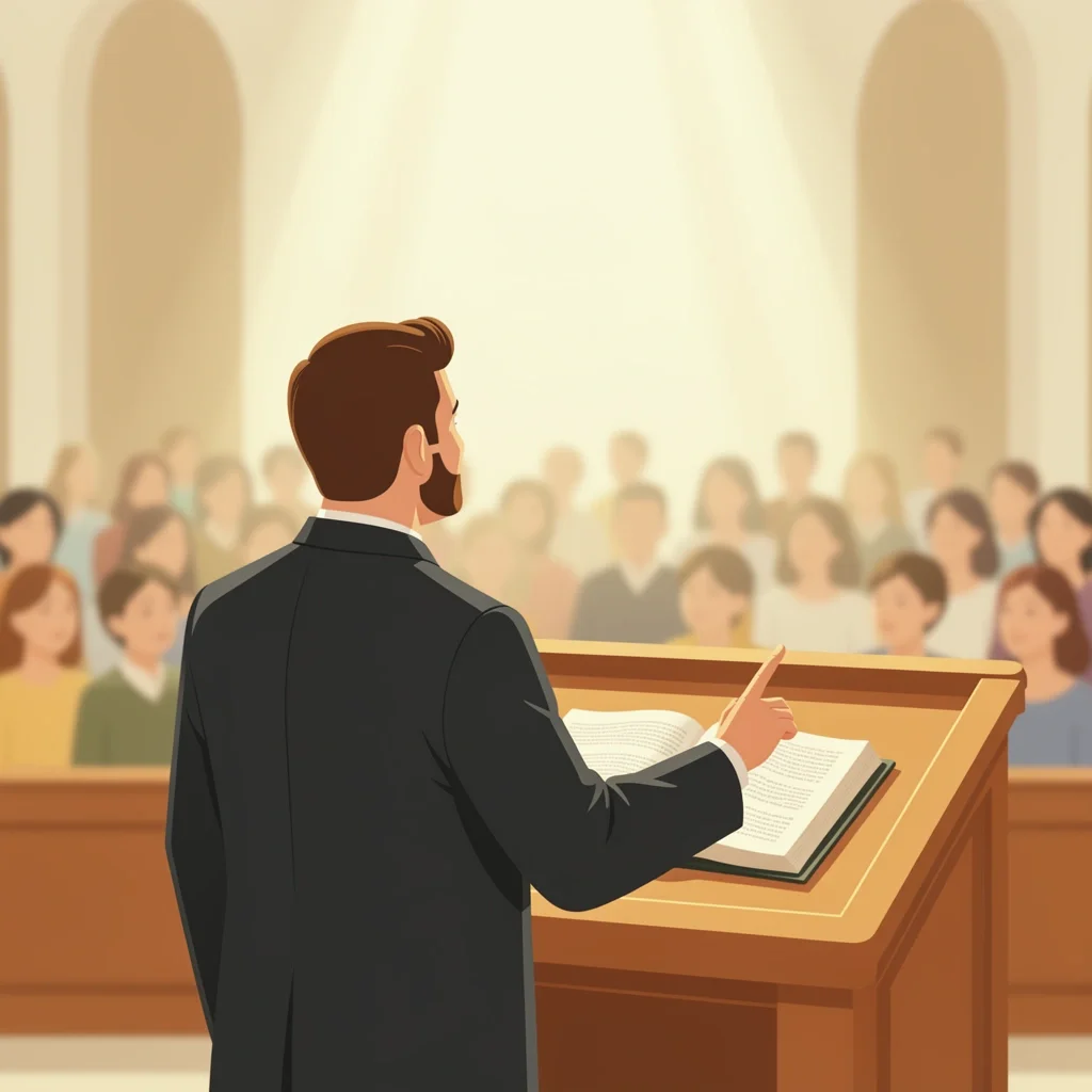 A minister at a podium pointing upward to symbolize pointing to Christ, congregation blurred behind, representing humility and dependence