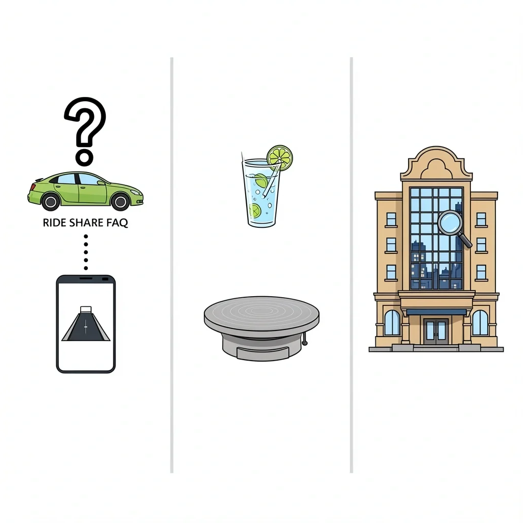 FAQ icons for driving vs ride-share, non-alcoholic date ideas, and Guthrie Theater free explore