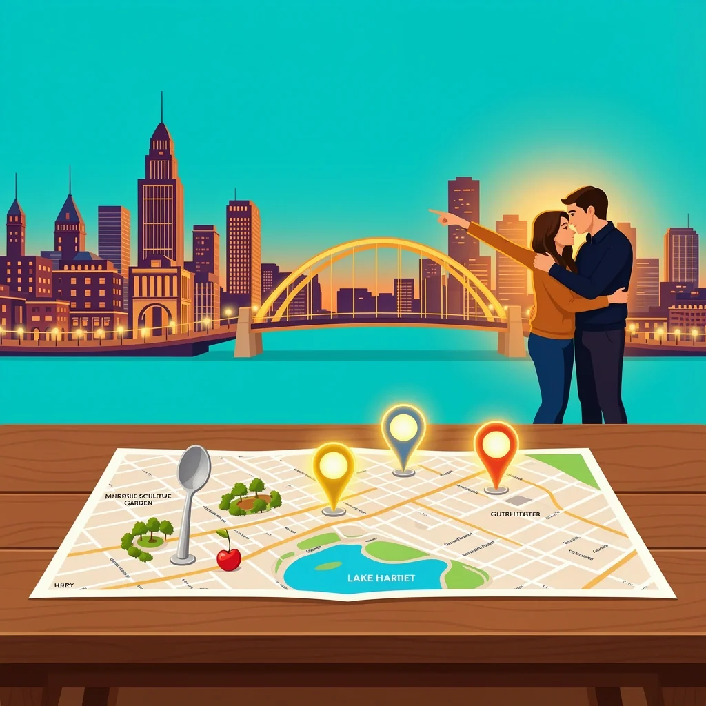 Couple looking at a map of Minneapolis date night spots with city skyline and Stone Arch Bridge in background