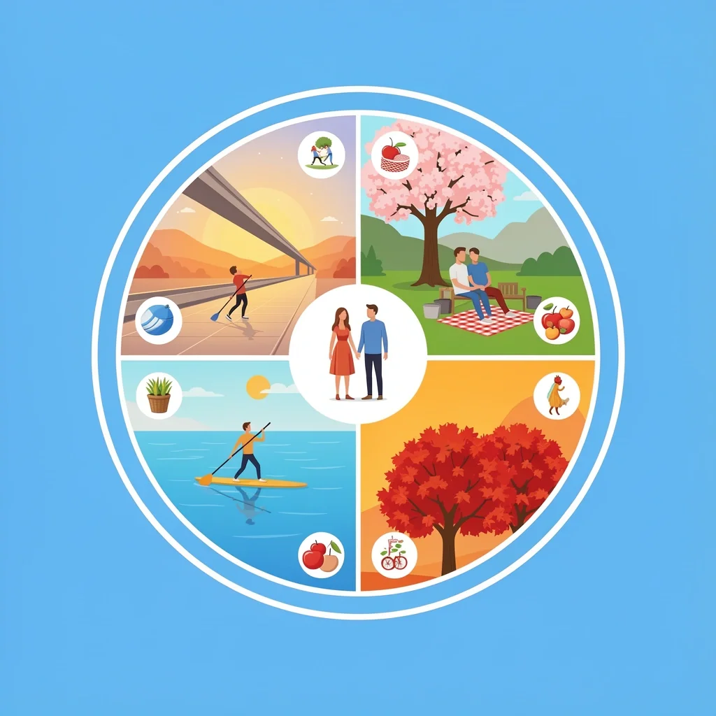 Seasonal date wheel showing winter skyway skating, spring patio date, summer paddleboarding, and fall apple picking