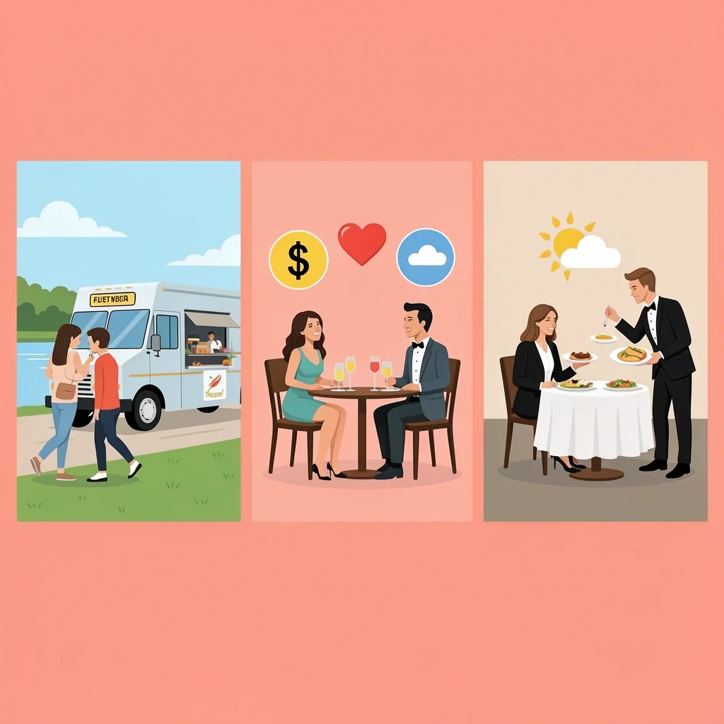 Three date night scenarios showing budget-friendly, mid-range, and splurge dates with filter icons