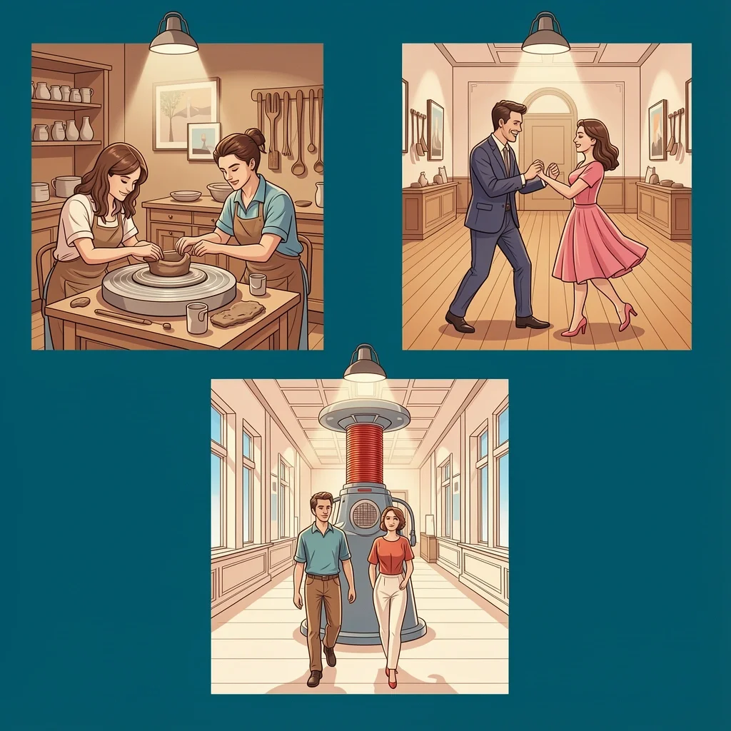 Couples enjoying a pottery class, ballroom dancing, and a visit to the Bakken Museum in Minneapolis