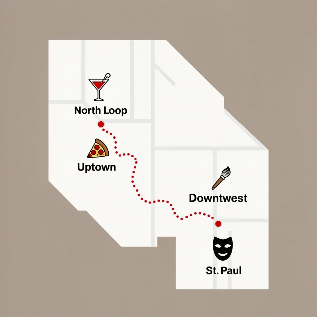 Map of Minneapolis neighborhoods with date night icons for North Loop, Uptown, Northeast, and Downtown St. Paul