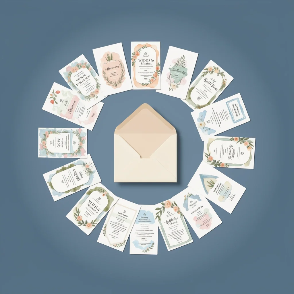 Minted Invitation Variety Variety of artist-designed Minted wedding invitations floating around an envelope