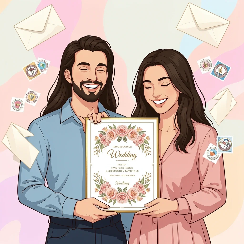 Couple holding a decorative wedding invitation with floral design and foil accents