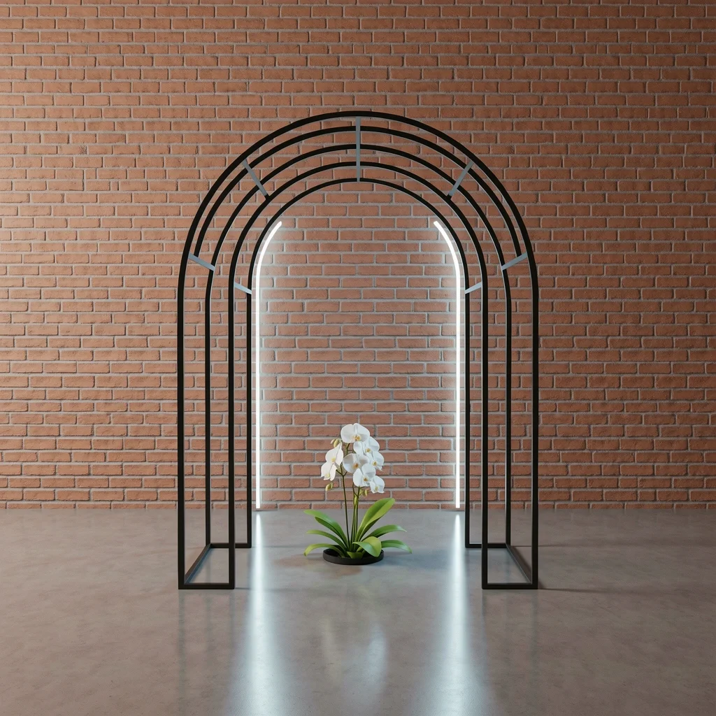 Modern Industrial Wedding Altar Black metal geometric arch with white orchid in a brick loft with concrete floor