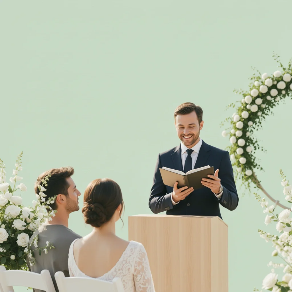 A modern wedding officiant standing at a podium smiling warmly at a couple during an outdoor ceremony