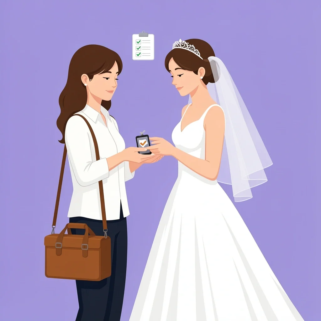Day-of MOH helping bride Maid of honor with an emergency kit bag helping the bride on her wedding day